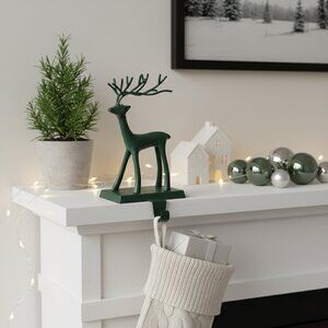 Green Metal Reindeer Stocking Holder Christmas Mantel Decoration Holiday Decor